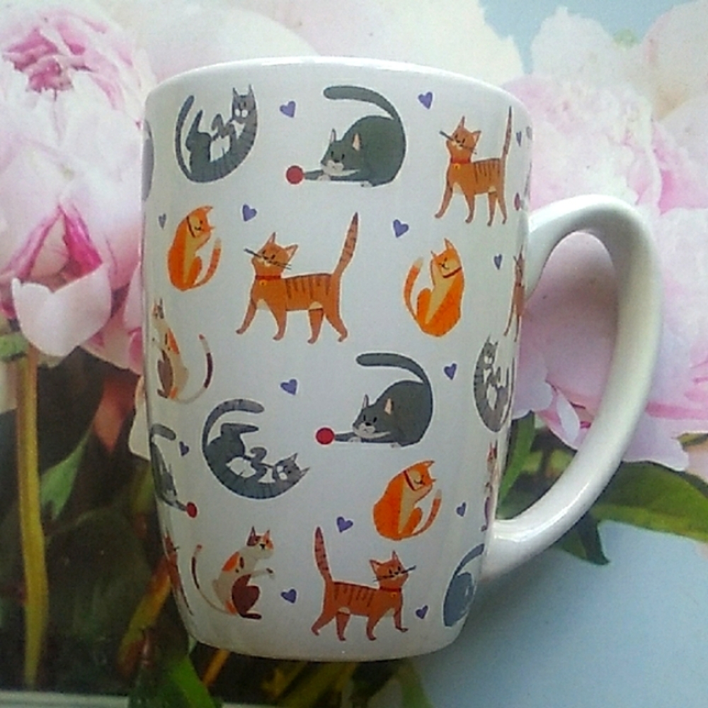 Cat Person Gray and Orange Cat Pattern Mug Whimsical Design 14 oz